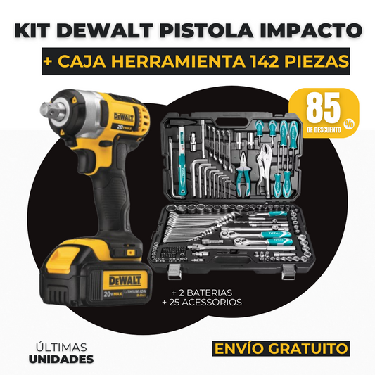 KIT ORIGINA DEWALT: PISTOLA DE IMPACTO + CAJA HERRAMIENTA 142 PIEZAS